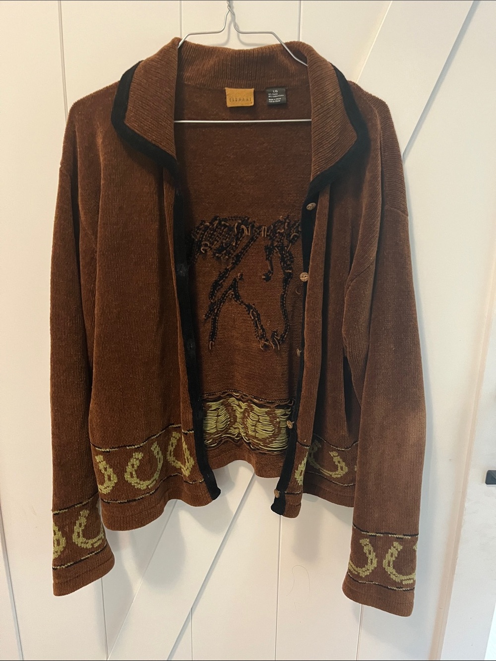 Brown Velvet-Like Button Front Cardigan with Contrast Trim Horse Embroidery - Picture 4 of 4